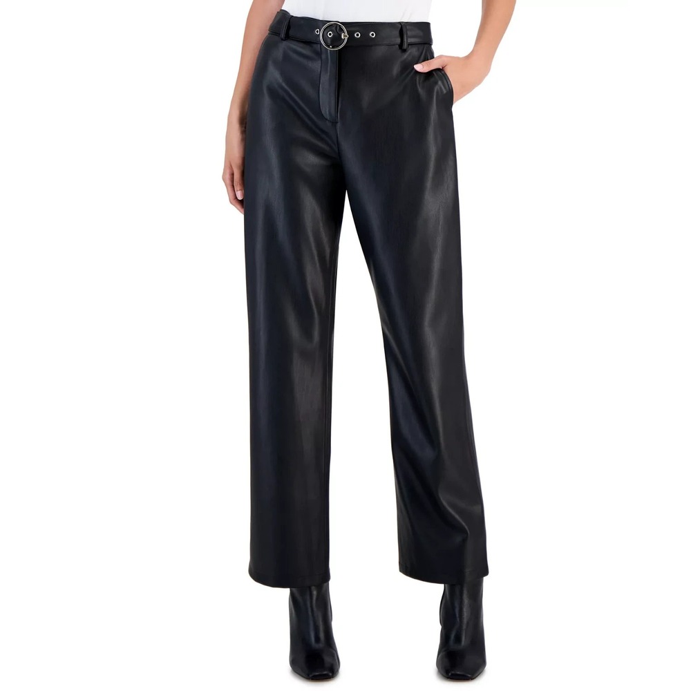 T Tahari Women's Vegan Leather Belted Slim-Leg Pants Black Size 8‎ New